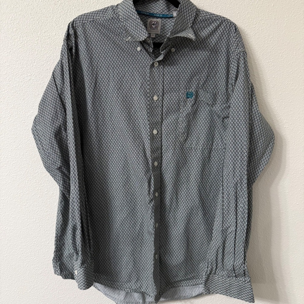 Cinch Mens Medium Western Cowboy Workwear Blue Diamond Long Sleeve Cotton Shirt